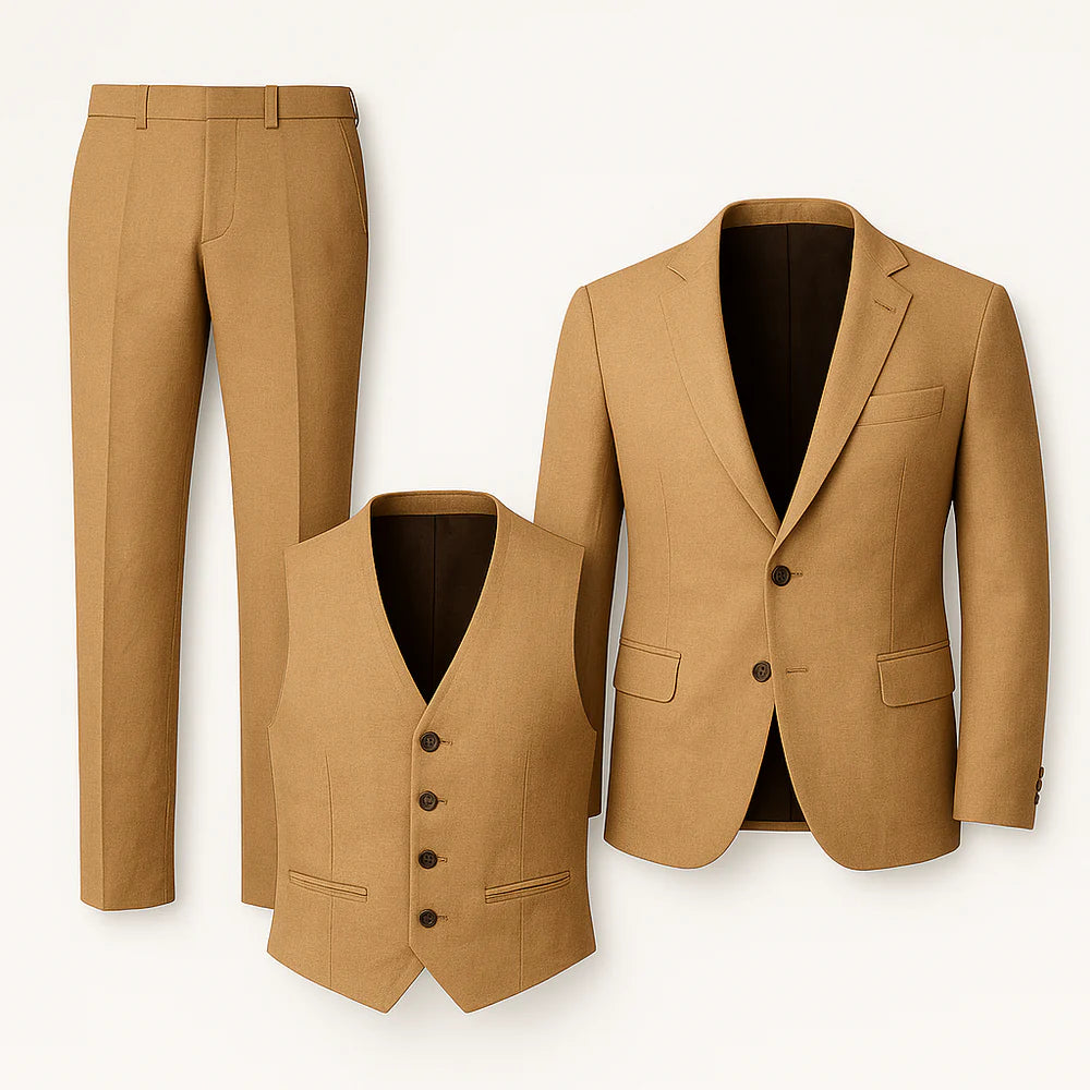Costume Tendance 3 Pièces d'Été en Mélange de Lin pour Homme – Kaki