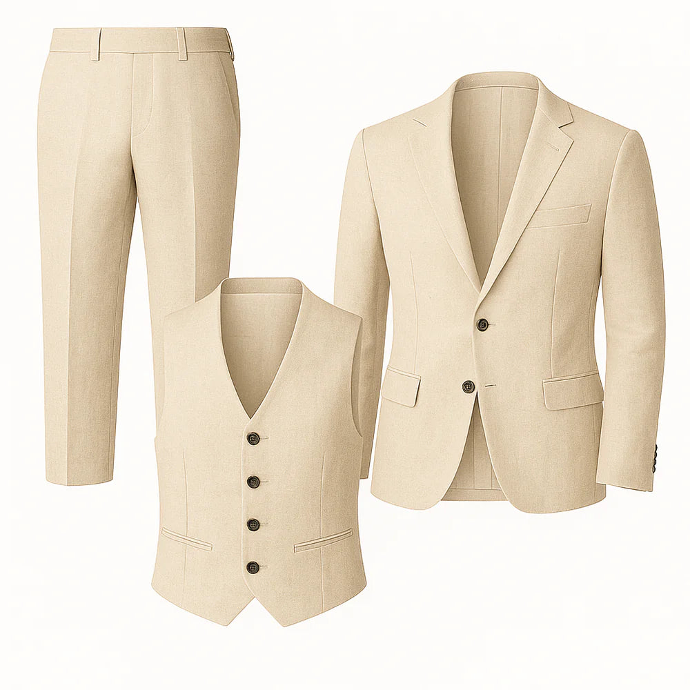 Costume Tendance 3 Pièces d'Été en Mélange de Lin pour Homme – Beige
