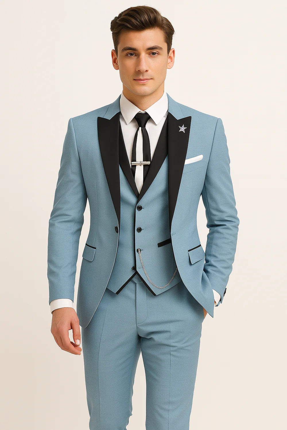 Costume Estival Moderne 3 Pièces en Lin pour Homme – Bleu clair