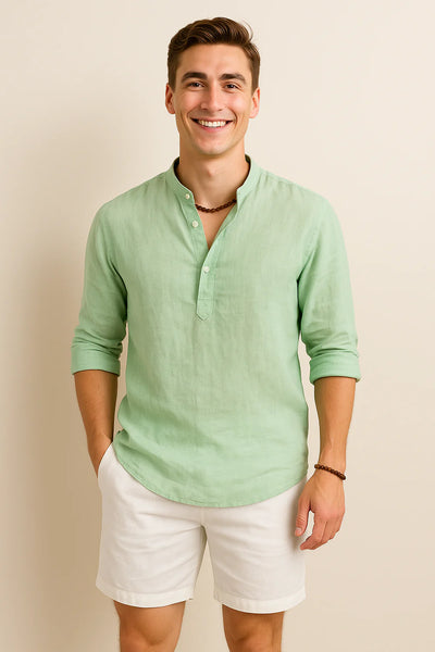 Chemise d'Été Tendance en Lin avec Col pour Homme – Vert clair