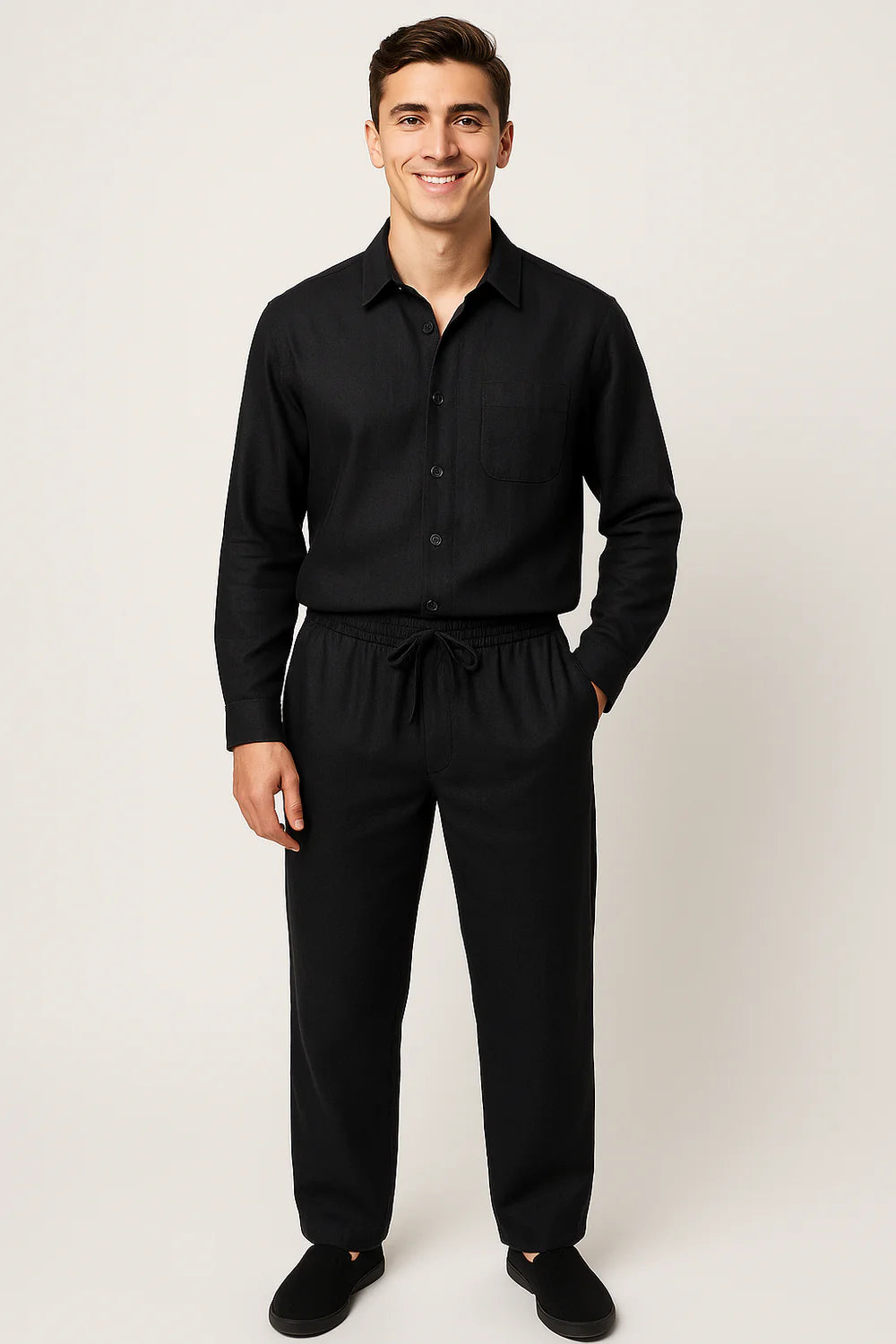 Ensemble Classique Chemise et Pantalon pour Homme en Lin Mélangé – Noir