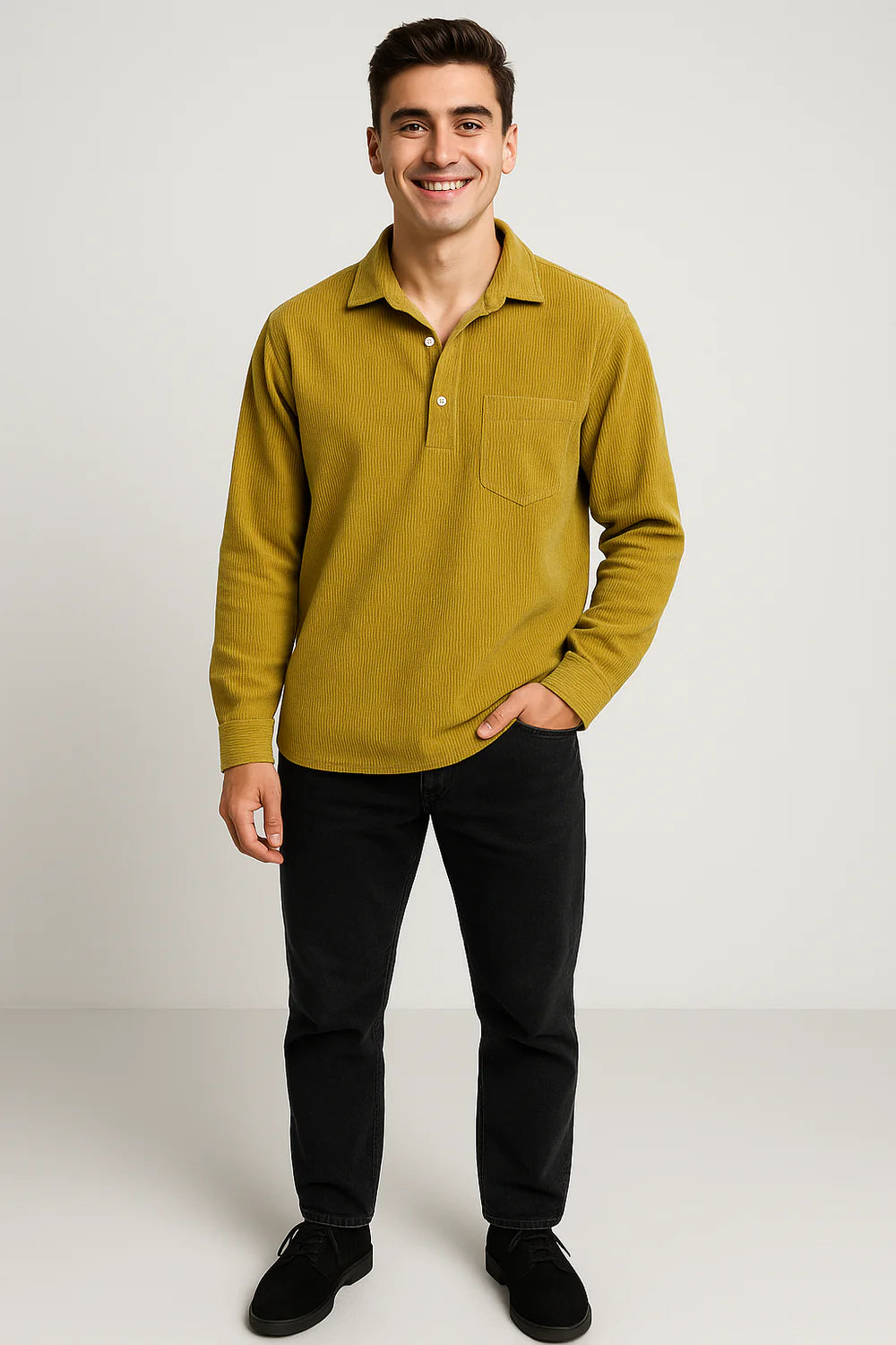 Chemise Vintage pour Homme en Velours Côtelé à Enfiler – Jaune