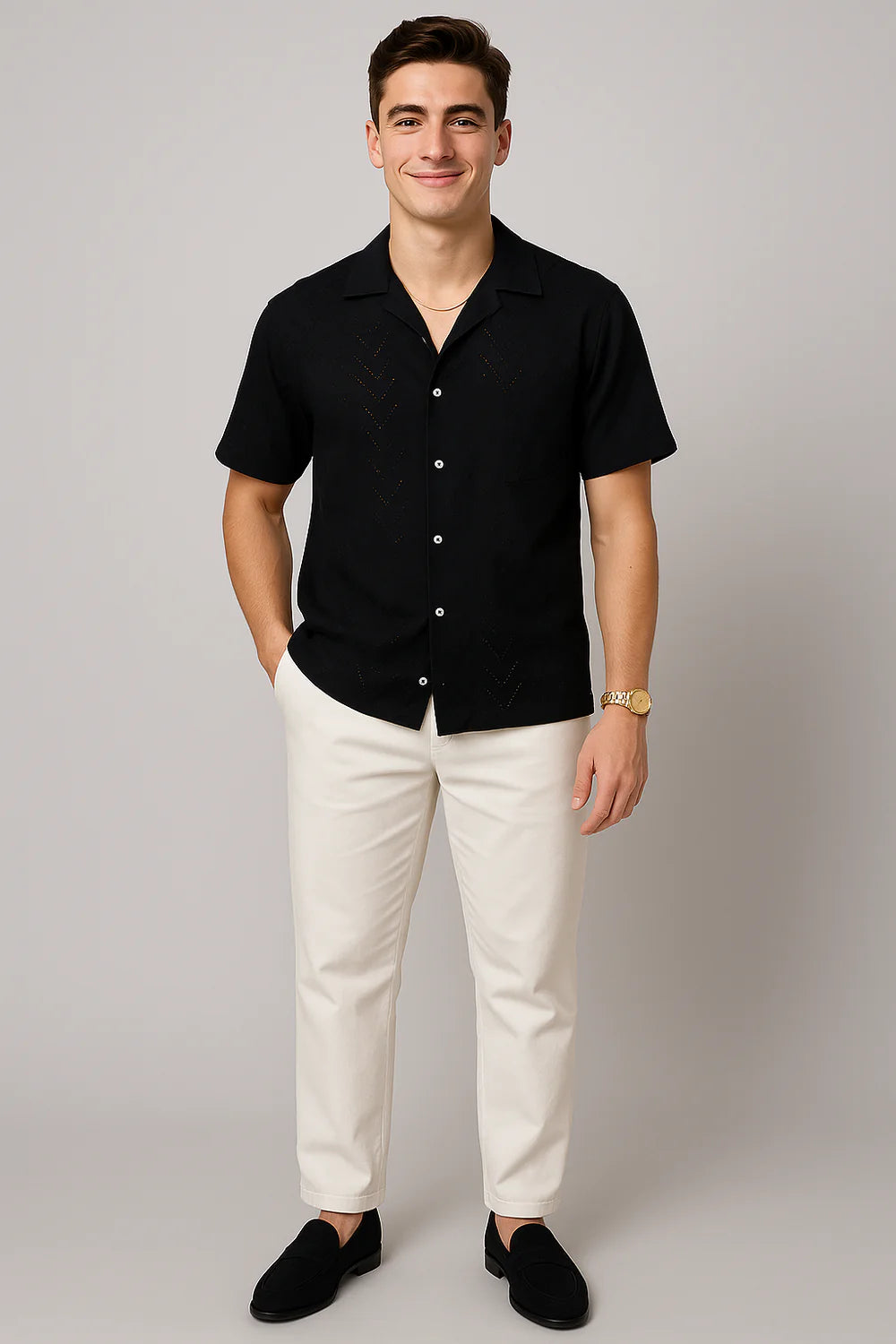 Chemise Moderne à Manches Courtes avec Col Boutonné pour Homme – Noir