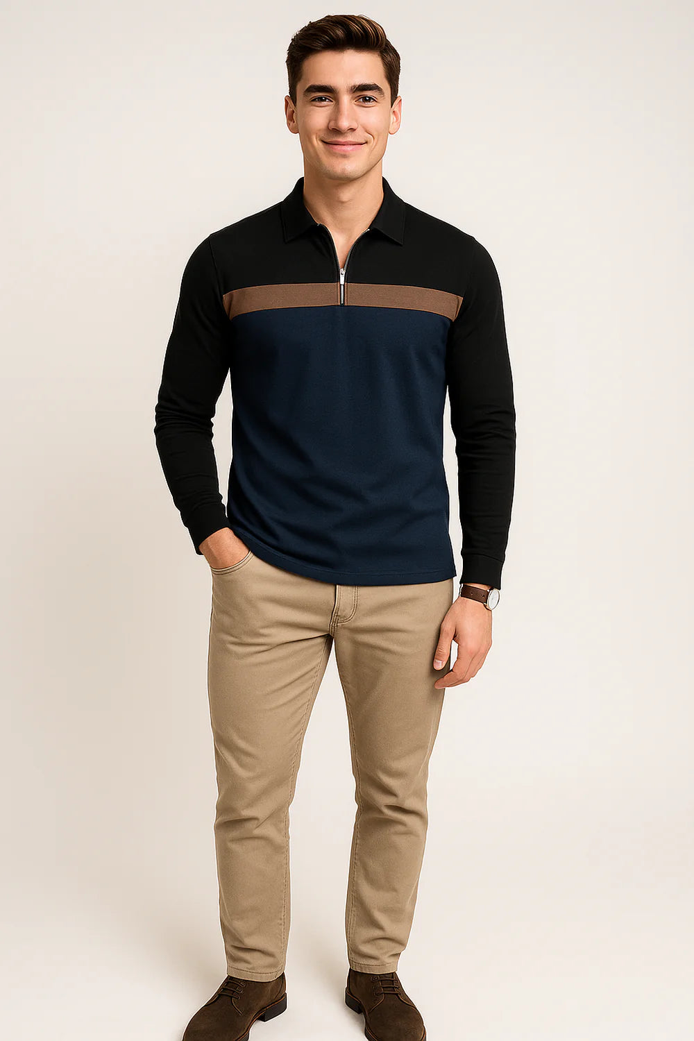 Polo à Manches Longues pour Homme au Style Rétro – Bleu Marine