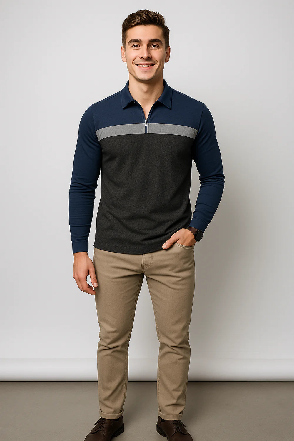 Polo à Manches Longues pour Homme au Style Rétro – Gris clair