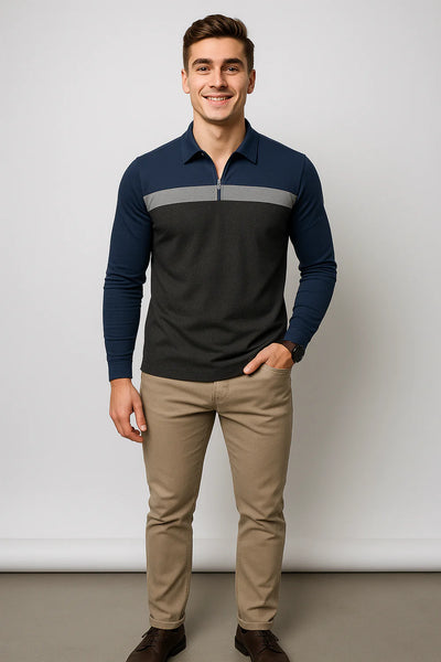 Polo à Manches Longues pour Homme au Style Rétro – Gris clair