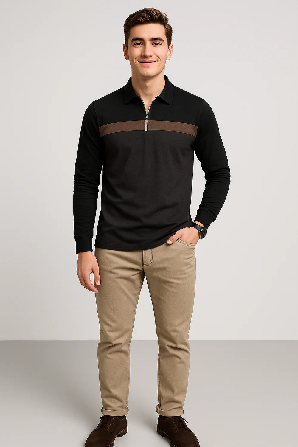 Polo à Manches Longues pour Homme au Style Rétro – Gris foncé