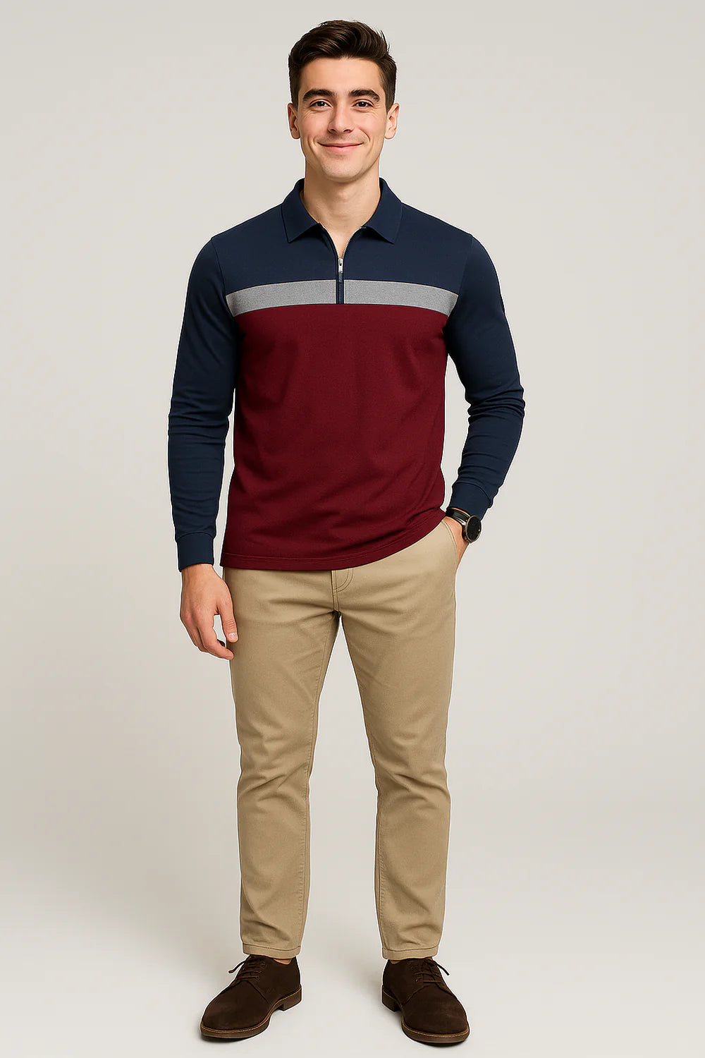 Polo à Manches Longues pour Homme au Style Rétro – Bordeaux