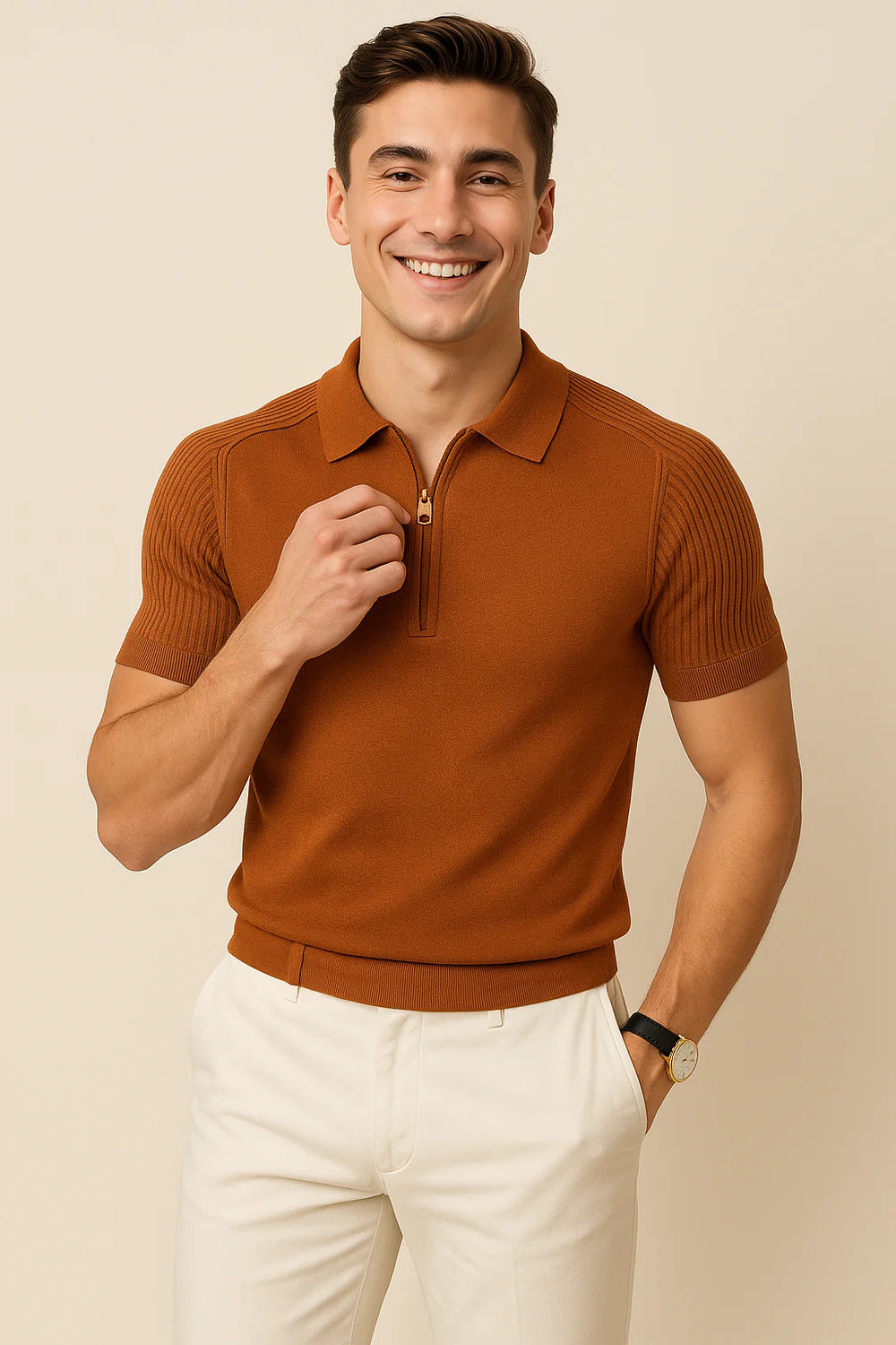 Polo Décontracté pour Homme avec Col Zippé – Marron