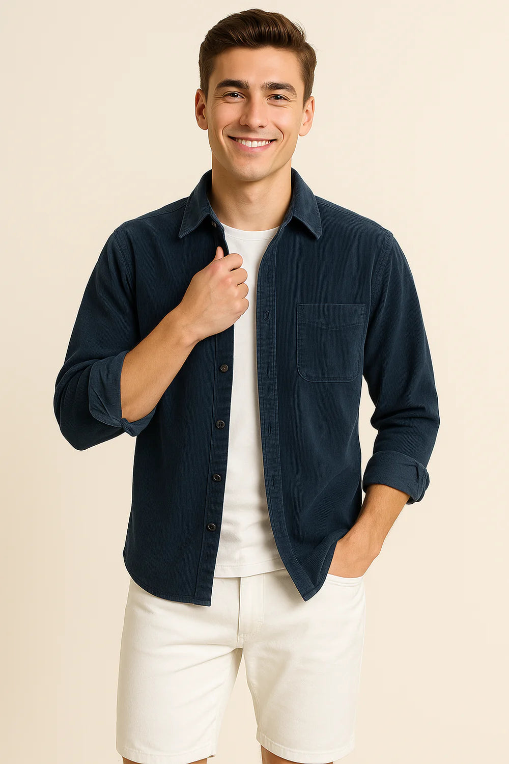 Chemise Rétro en Velours Côtelé pour Homme – Bleu foncé