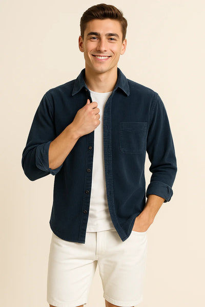 Chemise Rétro en Velours Côtelé pour Homme – Bleu foncé