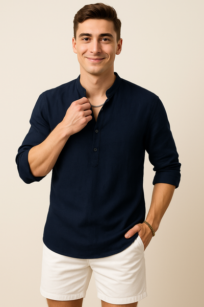 Chemise Élégante d'Été à Manches Longues pour Homme - Bleu marine