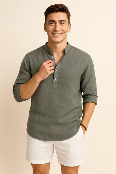 Chemise d'Été Tendance en Lin avec Col pour Homme – Gris