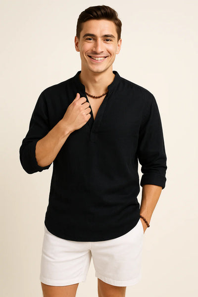 Chemise d'Été Tendance en Lin avec Col pour Homme – Noir