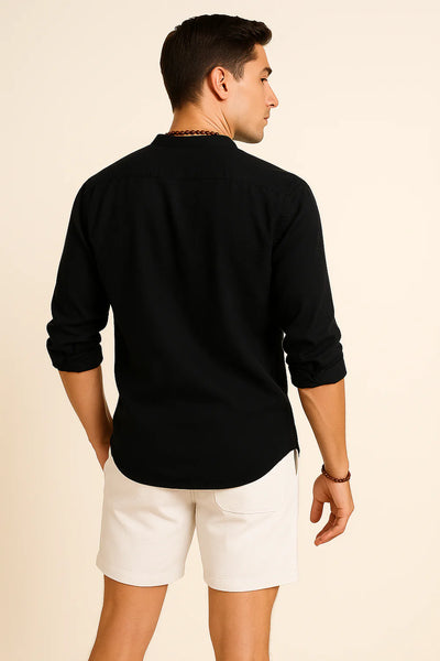 Chemise d'Été Tendance en Lin avec Col pour Homme – Noir