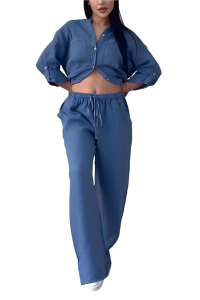 Ensemble d'été classique à manches longues pour femmes, coupe semi-lâche