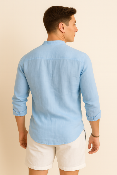 Chemise d'Été Tendance en Lin avec Col pour Homme – Bleu clair