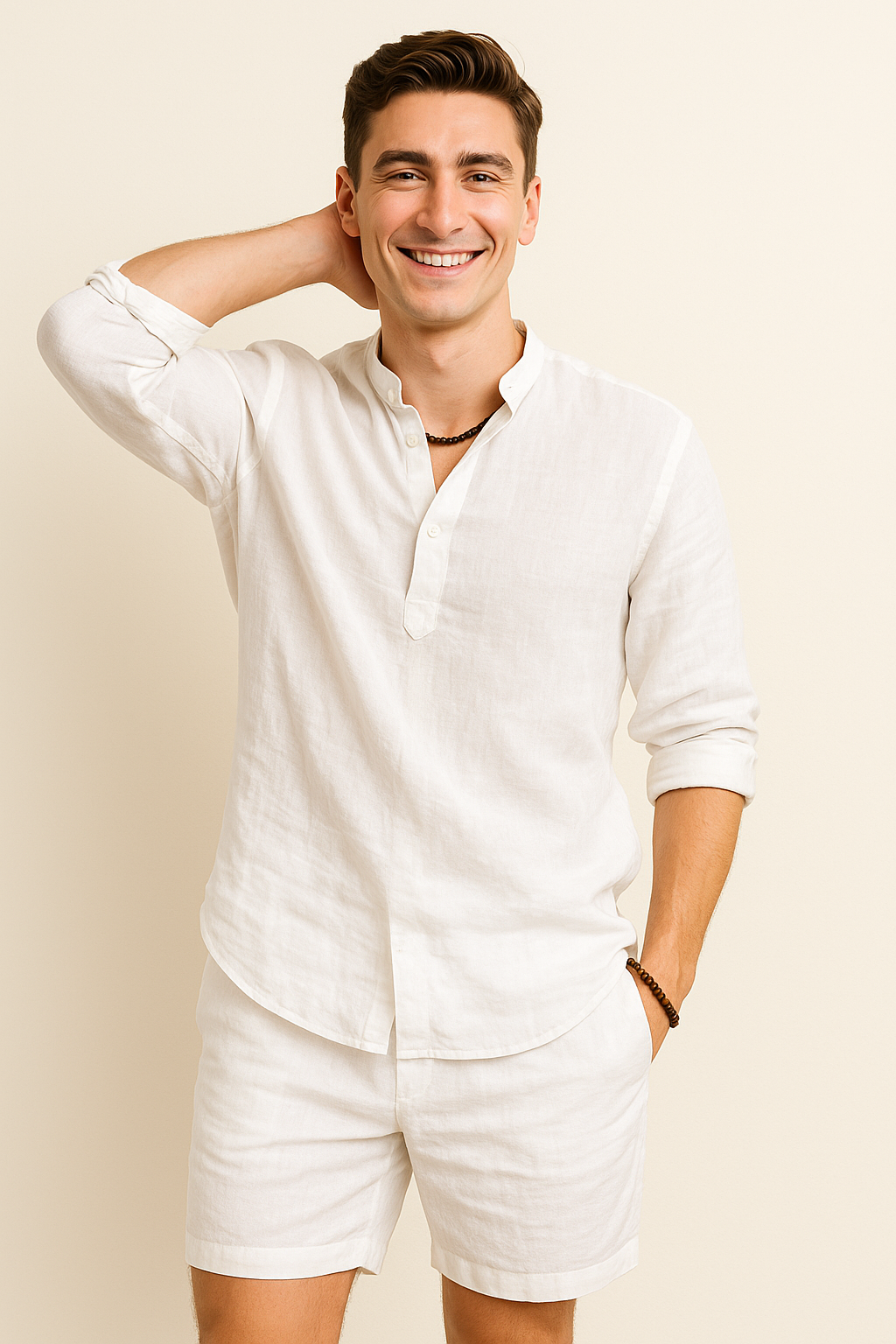 Chemise d'Été Tendance en Lin avec Col pour Homme – Blanc