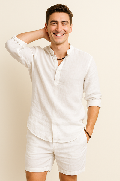 Chemise d'Été Tendance en Lin avec Col pour Homme – Blanc