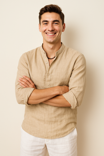 Chemise d'Été Tendance en Lin avec Col pour Homme – Beige