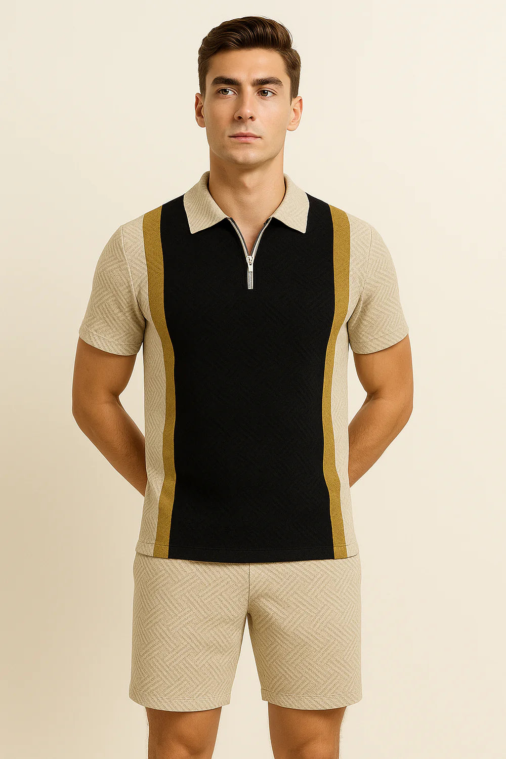 Ensemble Décontracté Moderne pour Homme avec Imprimé Tendance – Noir-Beige
