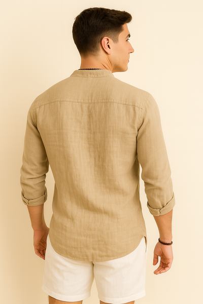 Chemise d'Été Tendance en Lin avec Col pour Homme – Beige