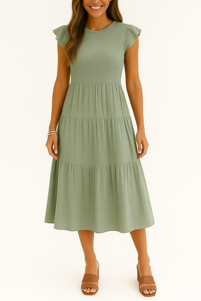 Robe d'été midi tendance à manches volantes pour femmes