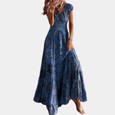 Robe longue classique à col en V et à manches courtes pour femmes