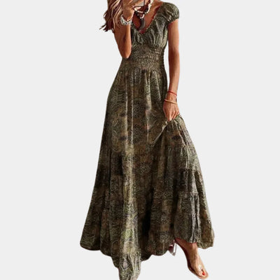 Robe longue classique à col en V et à manches courtes pour femmes