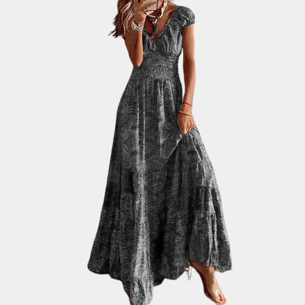 Robe longue classique à col en V et à manches courtes pour femmes