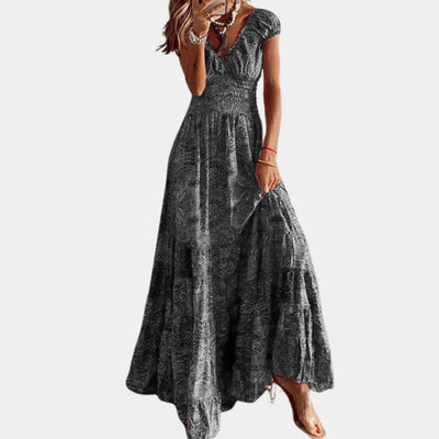 Robe longue classique à col en V et à manches courtes pour femmes