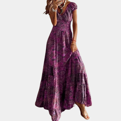 Robe longue classique à col en V et à manches courtes pour femmes