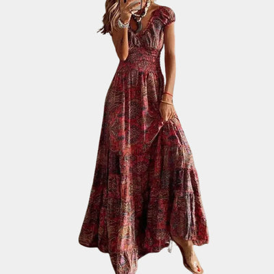 Robe longue classique à col en V et à manches courtes pour femmes