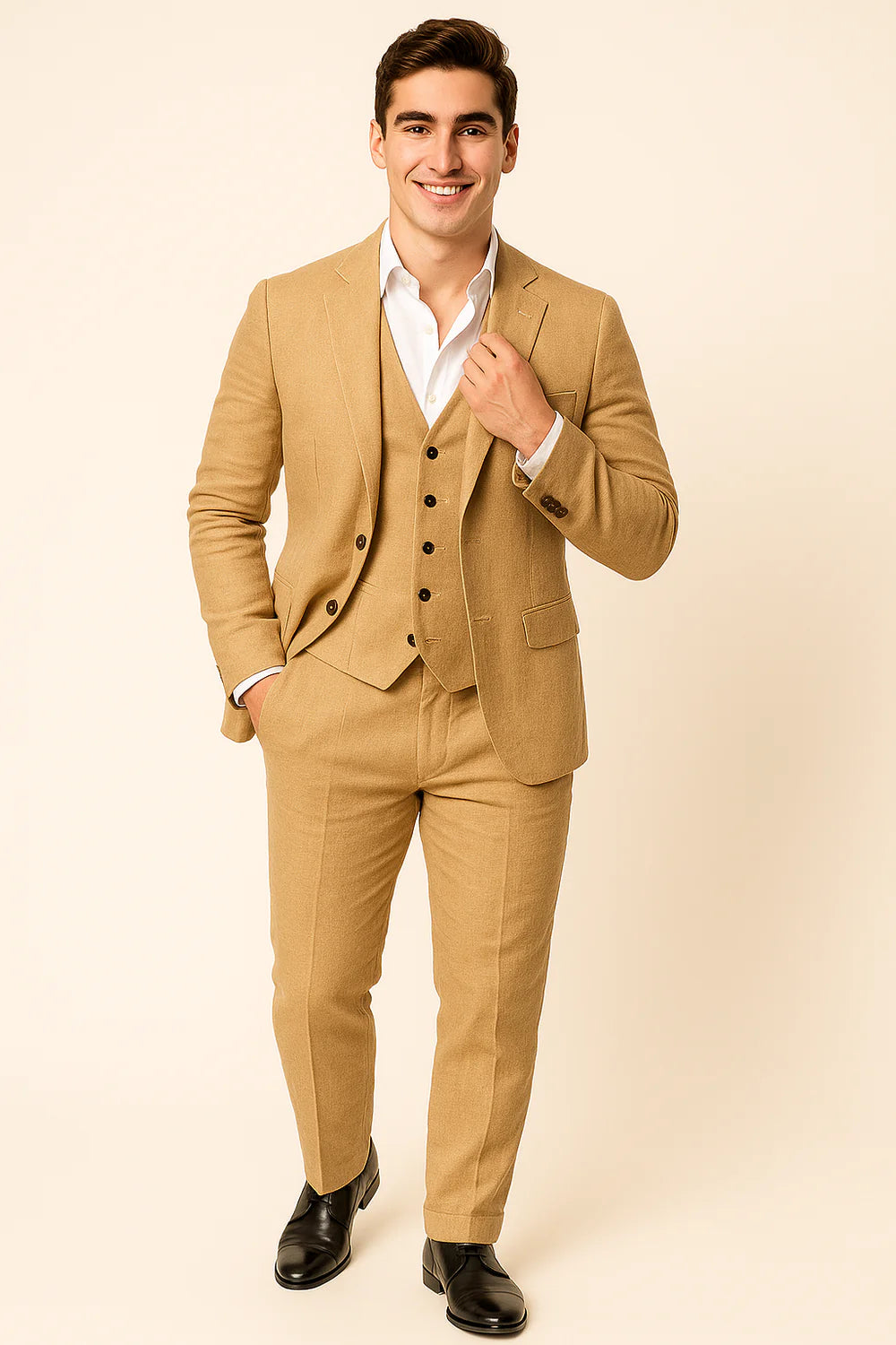 Costume Tendance 3 Pièces d'Été en Mélange de Lin pour Homme – Kaki