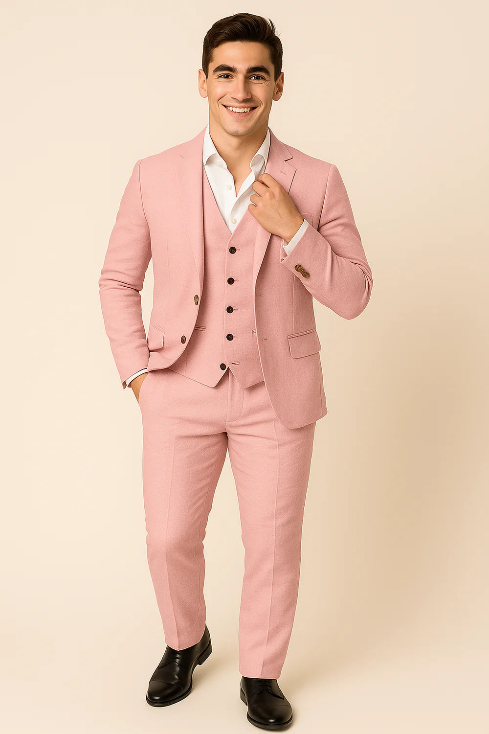 Costume Tendance 3 Pièces d'Été en Mélange de Lin pour Homme – Rose