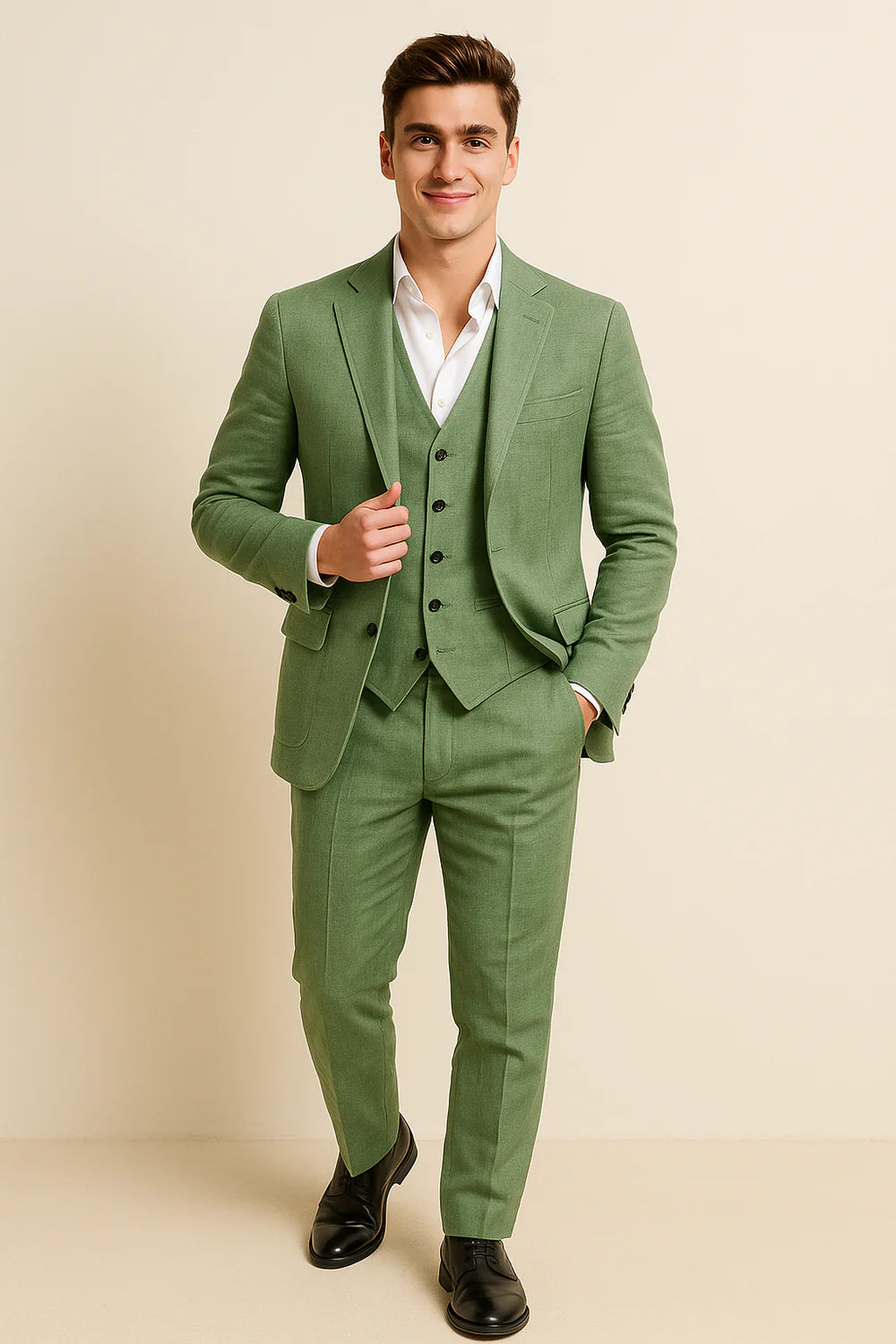 Costume Tendance 3 Pièces d'Été en Mélange de Lin pour Homme – Vert