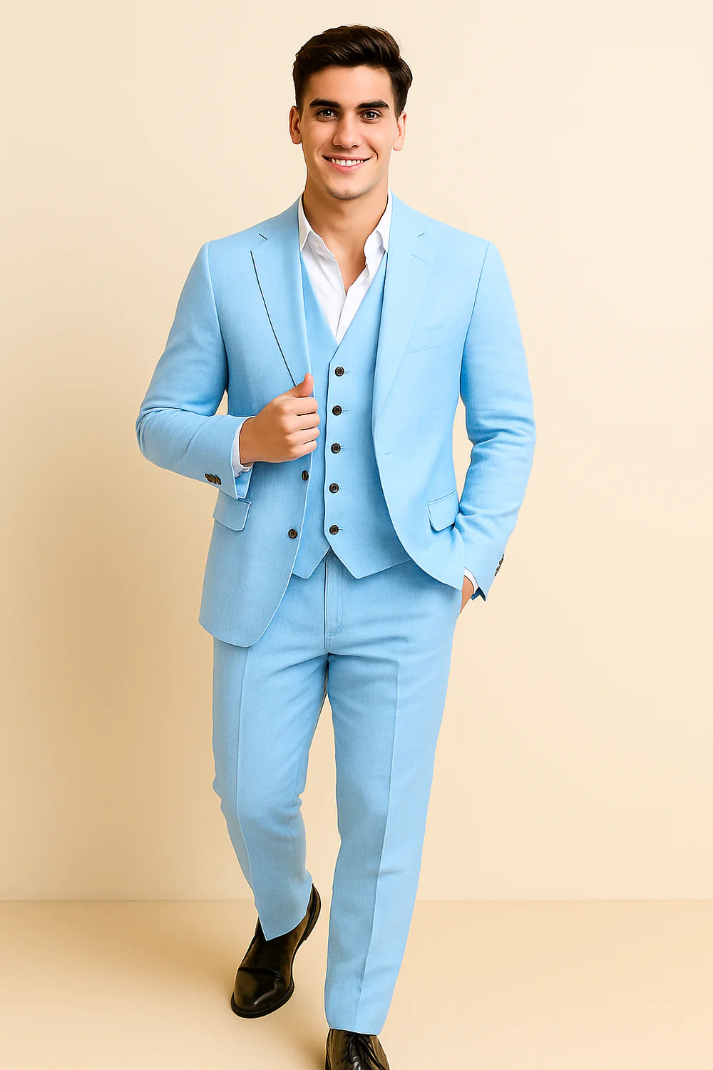 Costume Tendance 3 Pièces d'Été en Mélange de Lin pour Homme – Bleu clair
