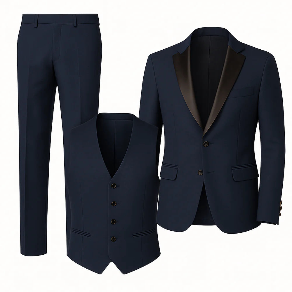 Costume d'été formel 3 pièces en lin pour homme – Bleu marine