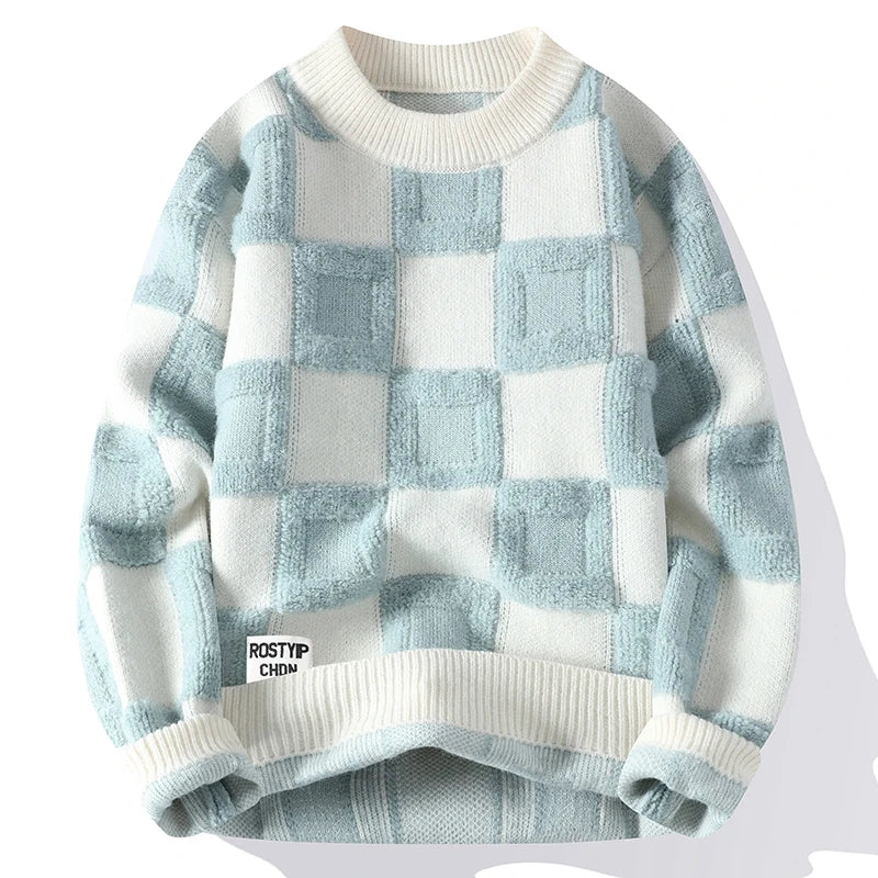 Pull Décontracté à Carreaux Oversize pour Homme - Bleu clair