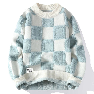 Pull Décontracté à Carreaux Oversize pour Homme - Bleu clair
