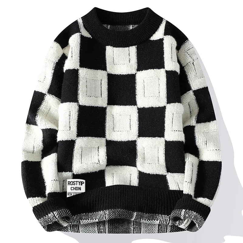 Pull Décontracté à Carreaux Oversize pour Homme - Noir
