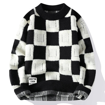 Pull Décontracté à Carreaux Oversize pour Homme - Noir