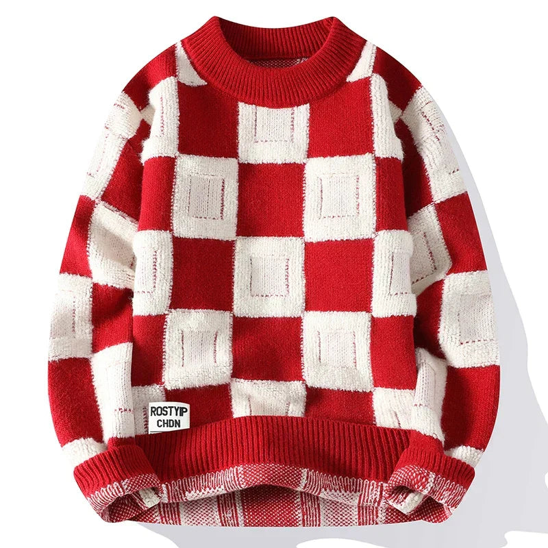 Pull Décontracté à Carreaux Oversize pour Homme - Rouge