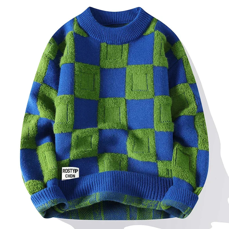 Pull Décontracté à Carreaux Oversize pour Homme - Vert et Bleu