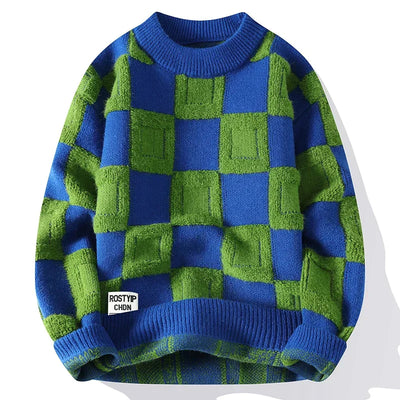 Pull Décontracté à Carreaux Oversize pour Homme - Vert et Bleu