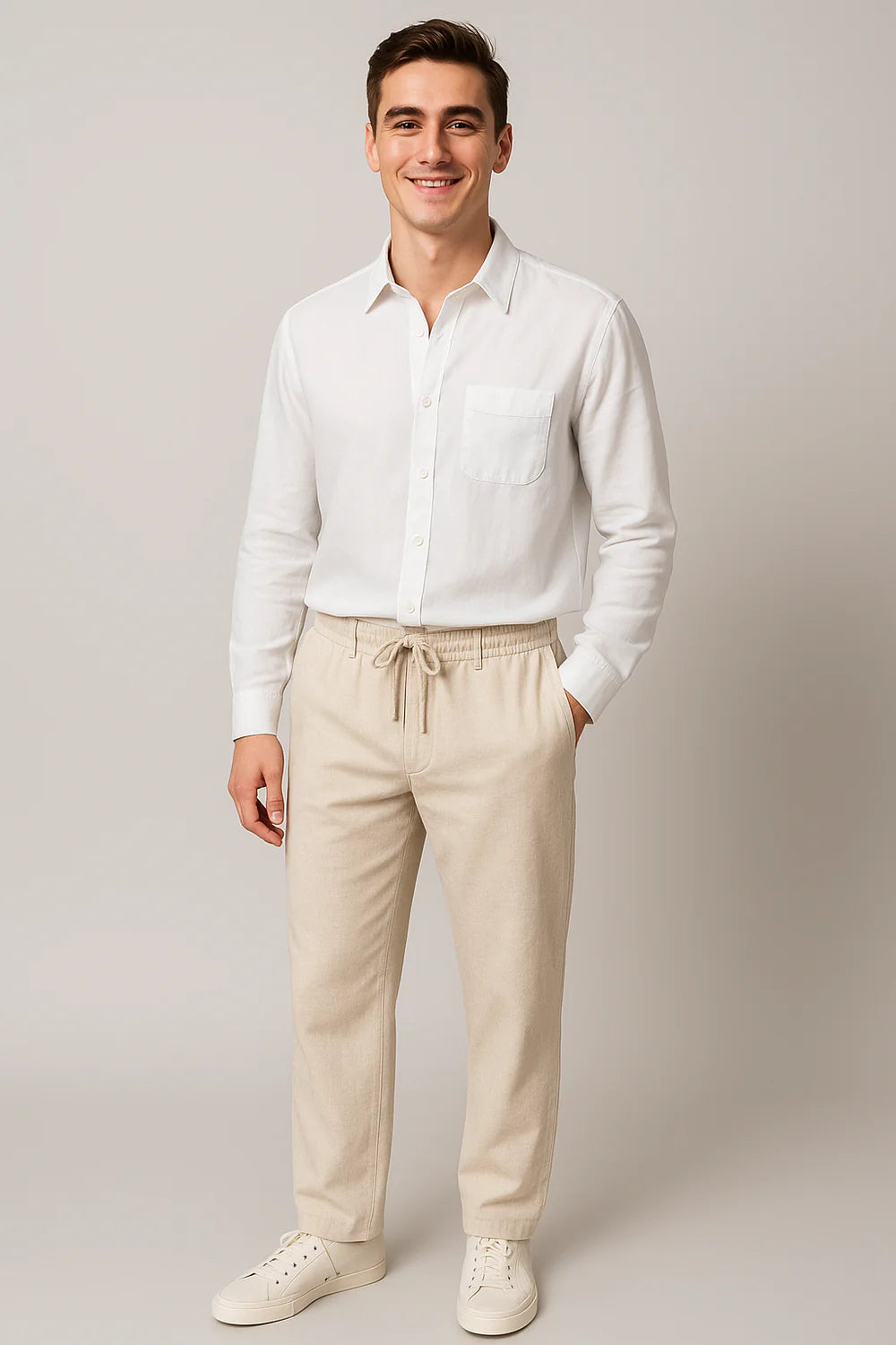 Ensemble Classique Chemise en Lin et Pantalon pour Homme – Blanc-Beige