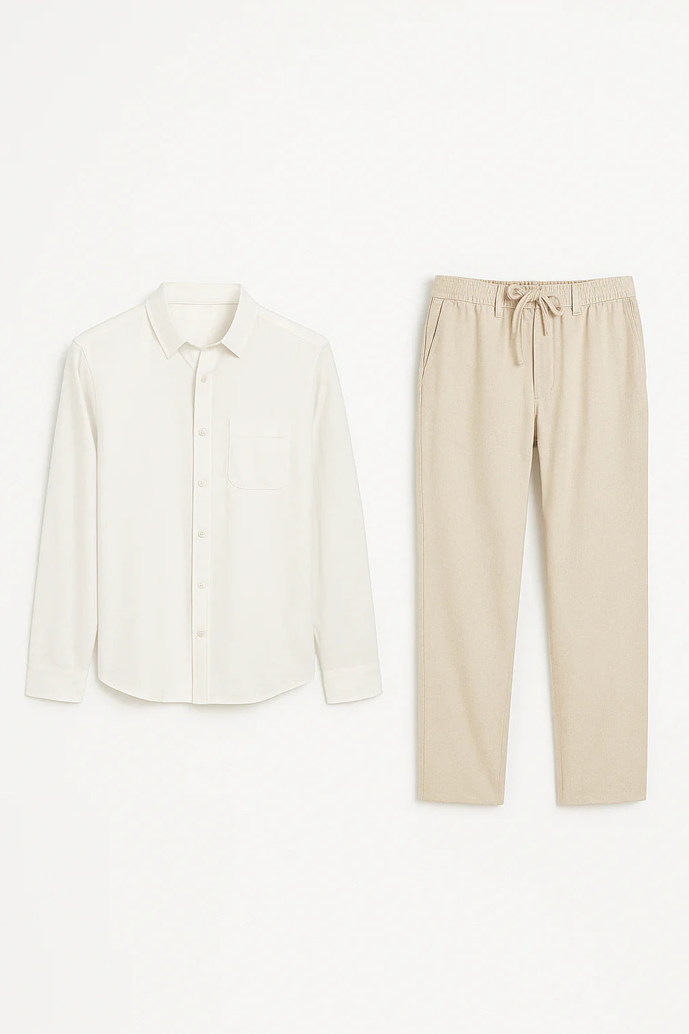 Ensemble Classique Chemise en Lin et Pantalon pour Homme – Blanc-Beige