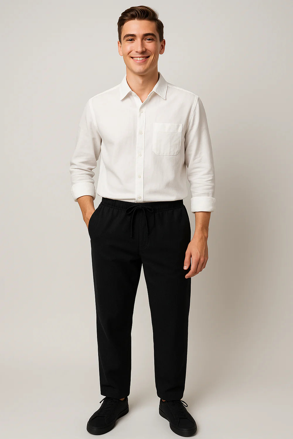 Ensemble Classique Chemise en Lin et Pantalon pour Homme – Blanc-Noir