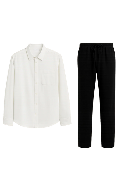 Ensemble Classique Chemise en Lin et Pantalon pour Homme – Blanc-Noir