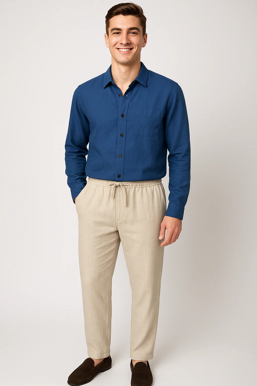 Ensemble Classique Chemise en Lin et Pantalon pour Homme – Bleu-Beige